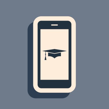 Siyah mezuniyet şapkası ve akıllı telefon ikonu. Gri arkaplanda çevrimiçi öğrenme veya e-öğrenme konsepti simgesi izole edildi. Uzun gölge tarzı. Vektör İllüstrasyonu