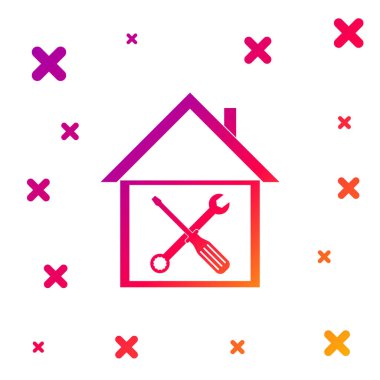 Beyaz arkaplanda izole edilmiş renkli ev ya da tornavida ve anahtar ikonu. Ayarlama, servis, ayar, bakım, onarım, onarım. Kademeli rastgele dinamik şekiller. Vektör İllüstrasyonu