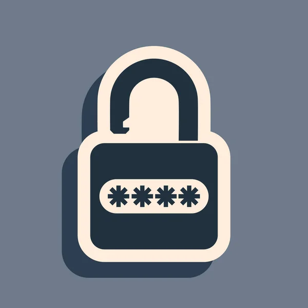 灰色の背景に隔離された黒のパスワード保護と安全アクセスアイコン ロックアイコン セキュリティ 安全性 プライバシーの概念 長い影のスタイル ベクターイラスト — ストックベクタ