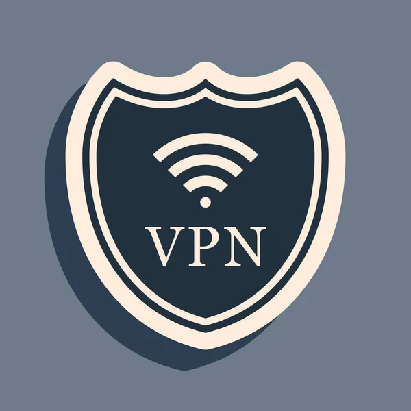 グレーの背景にVpnとWifiワイヤレスインターネットネットワークシンボルアイコンとブラックシールド Vpnは安全コンセプトを保護します セキュリティのための仮想プライベートネットワーク 長い影のスタイル ベクターイラスト — ストックベクタ