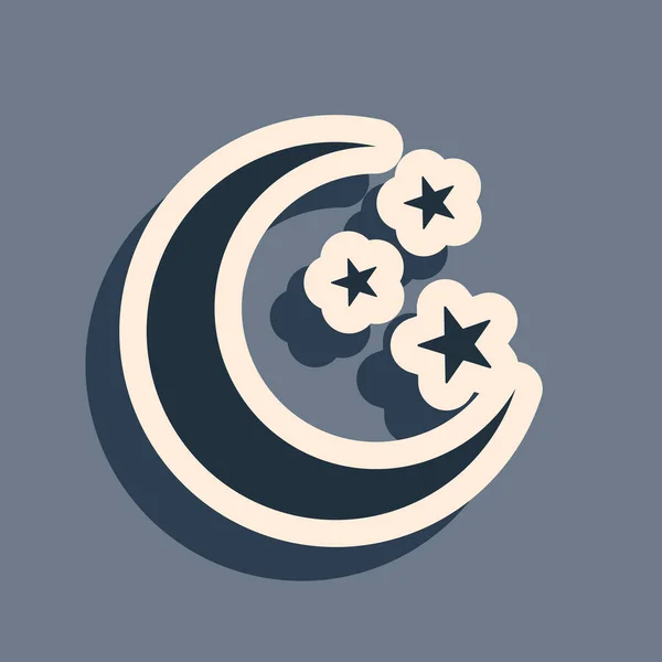 Ikona Černý Měsíc Hvězdy Izolované Šedém Pozadí Dlouhý Stínový Styl — Stockový vektor
