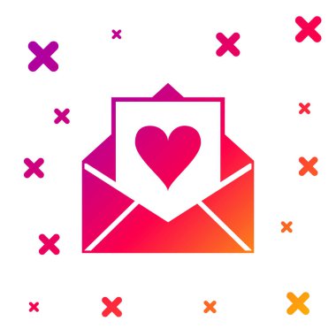 Beyaz arka planda Sevgililer Günü kalp ikonu olan renkli zarf. Aşk ve romantizm mektubu. Kademeli rastgele dinamik şekiller. Vektör İllüstrasyonu