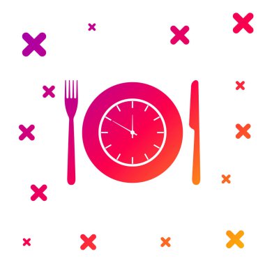 Beyaz zemin üzerinde saat, çatal ve bıçak ikonu olan renk plakası. Öğle yemeği vakti. Yeme, beslenme düzeni, yemek zamanı ve diyet konsepti. Kademeli rastgele dinamik şekiller. Vektör İllüstrasyonu