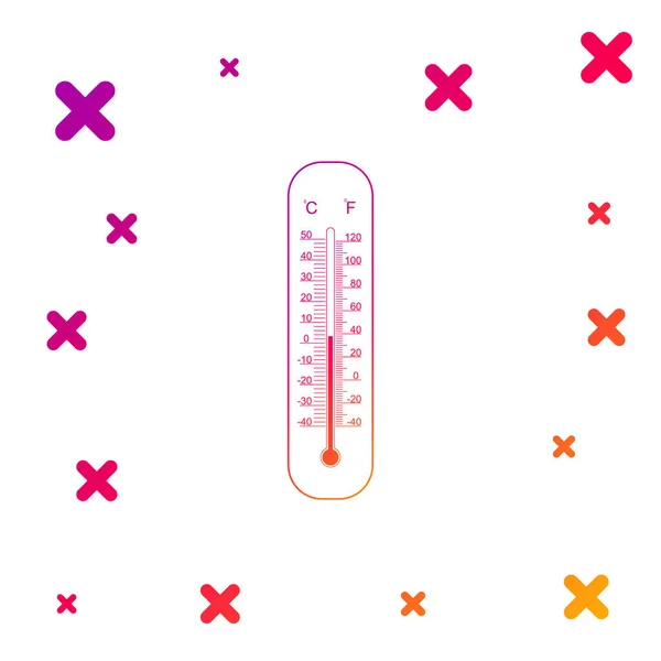 Színes Celsius és fahrenheit meteorológiai hőmérők, amelyek fehér alapon mérik a hőt és a hideg ikont. Hőmérő berendezés, amely meleg vagy hideg időjárást mutat. Gradient dinamikus formák. Vektorillusztráció — Stock Vector
