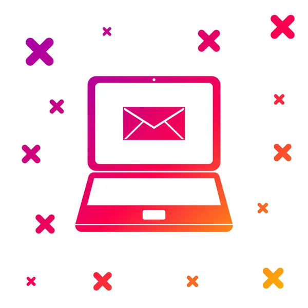 Kleur Laptop met envelop en open e-mail op het scherm pictogram geïsoleerd op witte achtergrond. E-mail marketing, internet reclame concepten. Gradiënt willekeurige dynamische vormen. Vector Illustratie — Stockvector