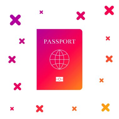 Beyaz arkaplanda biyometrik veri simgesine sahip renkli pasaport. Kimlik Belgesi. Kademeli rastgele dinamik şekiller. Vektör İllüstrasyonu