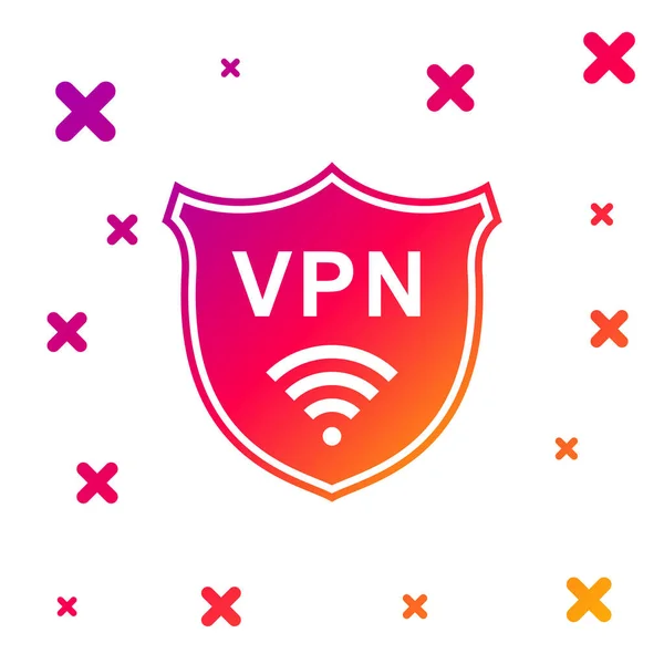 白の背景にVpnとWifiワイヤレスインターネットネットワークシンボルアイコンとカラーシールド Vpnは安全を保護します セキュリティのための仮想プライベートネットワーク 緩やかなランダムな動的形状 ベクターイラスト — ストックベクタ