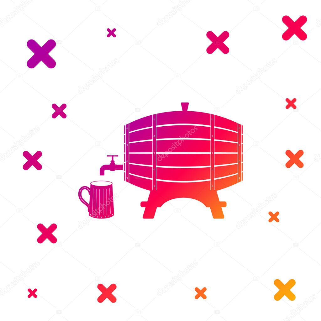 Color Wooden barrel on rack with stopcock and wooden beer mug icon isolated on white background. Gradient random dynamic shapes. Vector Illustration