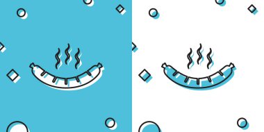 Mavi ve beyaz arka planda izole edilmiş buhar ikonlu siyah sosis. Izgara sosis ve aroma işareti. Rastgele dinamik şekiller. Vektör İllüstrasyonu