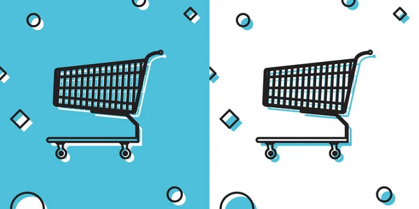 青と白の背景に隔離された黒のショッピングカートアイコン オンライン購入の概念 配送サービスの看板 スーパーマーケットバスケットのシンボル ランダムな動的形状 ベクターイラスト — ストックベクタ