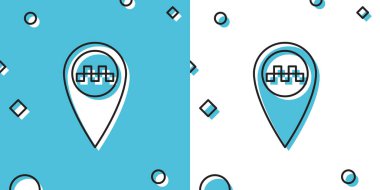 Mavi ve beyaz arkaplanda izole edilmiş taksi simgesi olan siyah harita işaretçisi. Rastgele dinamik şekiller. Vektör İllüstrasyonu