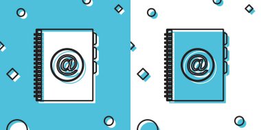 Siyah adres defteri simgesi mavi ve beyaz arkaplanda izole edildi. Not defteri, adres, bağlantı, rehber, telefon, telefon rehberi simgesi. Rastgele dinamik şekiller. Vektör İllüstrasyonu