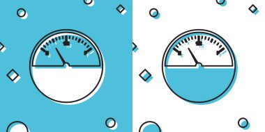 Siyah yakıt göstergesi simgesi mavi ve beyaz arkaplanda izole edildi. Depo dolu. Rastgele dinamik şekiller. Vektör İllüstrasyonu