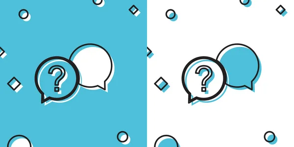 Siyah Sohbet soru simgesi mavi ve beyaz arkaplanda izole edildi. Konuşma baloncuğu sembolü. SSS işareti. Soru işareti işareti. Rastgele dinamik şekiller. Vektör İllüstrasyonu