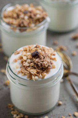 Yoğurt granola, yulaf yapılan ile kabarık kuru üzüm, pirinç, çikolata ve muz kurutulmuş. Aile için sağlıklı kahvaltı.