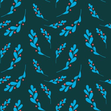 Koyu yeşil arka planda stilize yaban mersini. Tekstil için pürüzsüz desen.