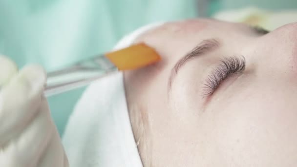 Il cosmetologo mette un pennello sul viso con un pennello — Video Stock