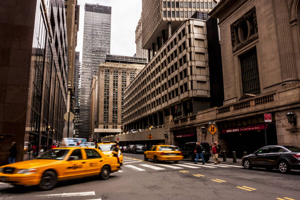 New York, USA - 20 March, 2009: Taxis on the streets of NYC during the daytime on a cold morning