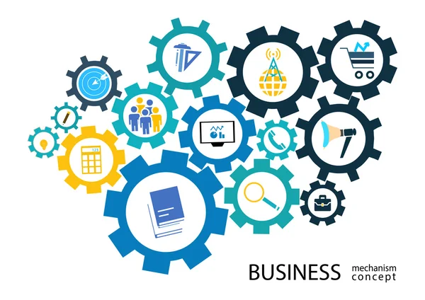 Mekanismen affärsidé - abstrakt bakgrund med anslutna gears och ikoner för strategi, service, analytics, forskning, digital marknadsföring, kommunicera begrepp. Infographic vektorillustration — Stock vektor