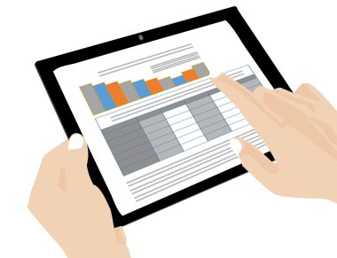 Holding ve (baskı) ekran tablet düz tasarım dokunmadan eller yakın çekim. vektör çizim