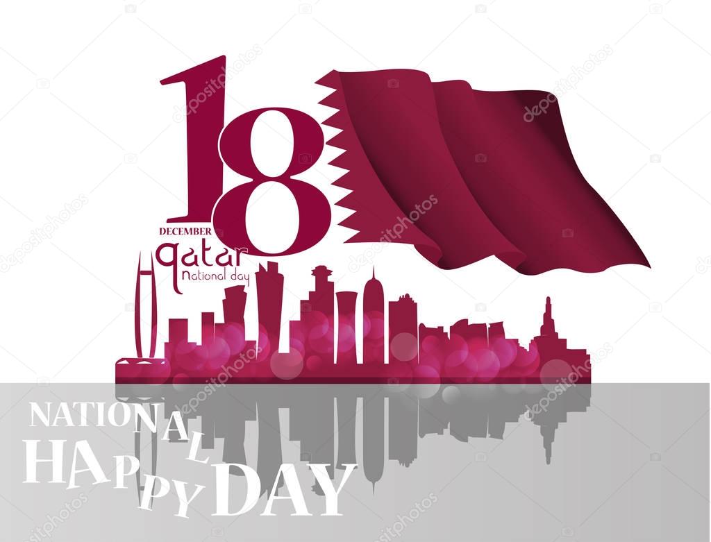 Background on the occasion Qatar national day celebration , contain landmarks, logo and flag, inscription in Arabic translation : qatar national day 18 th december. vector illustration