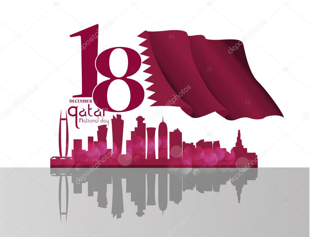 Background on the occasion Qatar national day celebration , contain landmarks, logo and flag, inscription in Arabic translation : qatar national day 18 th december. vector illustration