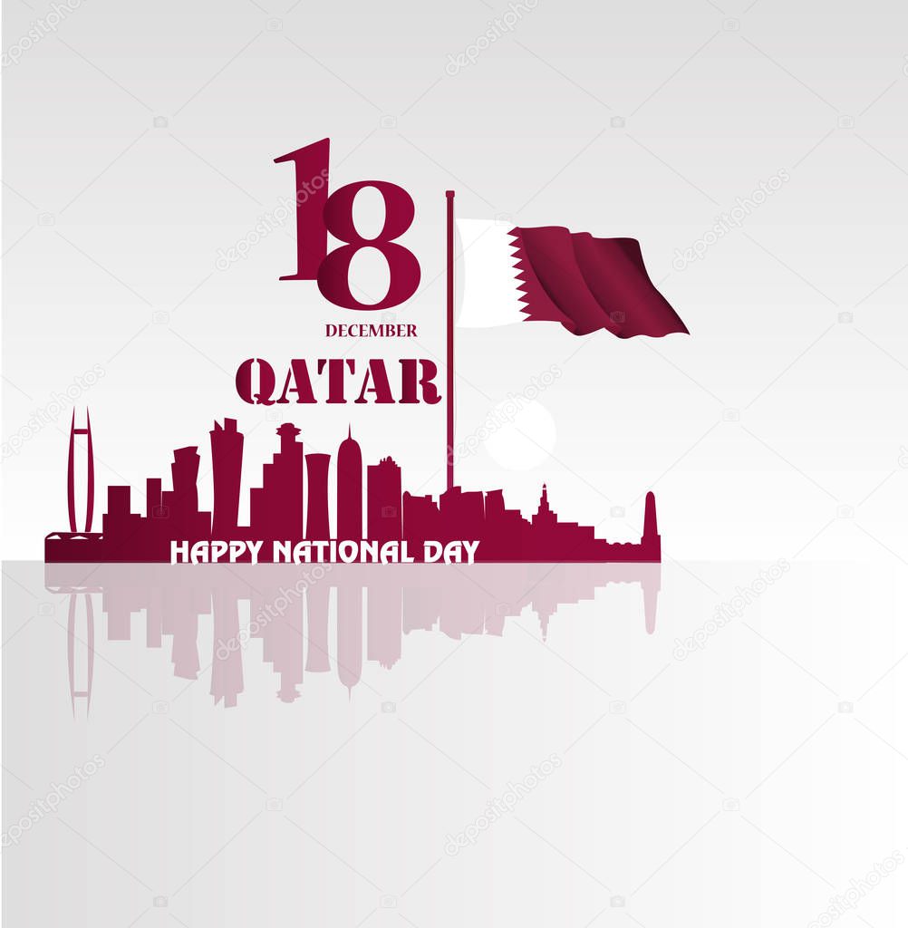 Background on the occasion Qatar national day celebration , contain landmarks, logo and flag, inscription in Arabic translation : qatar national day 18 th december. vector illustration