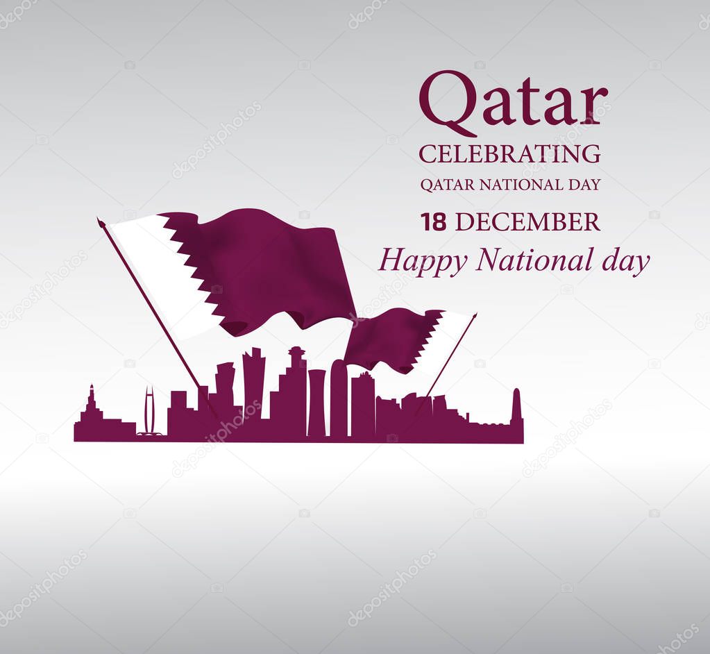 Background on the occasion Qatar national day celebration , contain landmarks, logo and flag, inscription in Arabic translation : qatar national day 18 th december. vector illustration