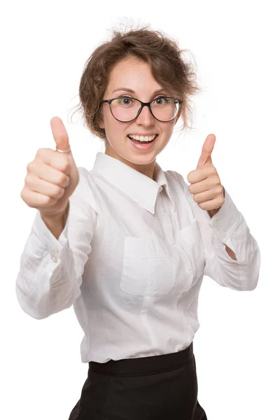 Meisje in een witte blouse staat op een witte achtergrond, gebaren, emoties op haar gezicht — Stockfoto