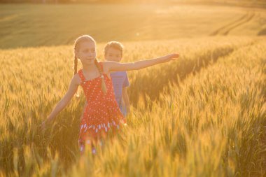 Gidin çocuklar, güzel doğa manzara doğa buğday alanı günbatımı, çalıştırın. Kırsal manzara parlak güneş ışığı altında.