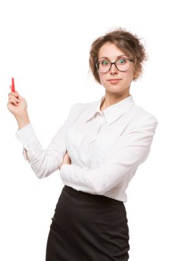 Kız beyaz bir bluz yüzünde beyaz bir arka plan, jestleri, duygular üzerinde duruyor