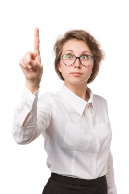 Kız beyaz bir bluz yüzünde beyaz bir arka plan, jestleri, duygular üzerinde duruyor