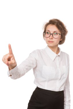 Kız beyaz bir bluz yüzünde beyaz bir arka plan, jestleri, duygular üzerinde duruyor