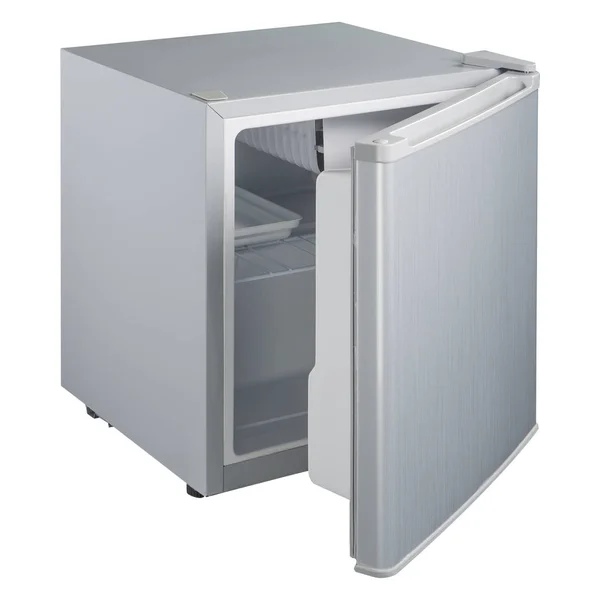 Pequeno refrigerador cinza com uma porta fechada em um fundo branco — Fotografia de Stock