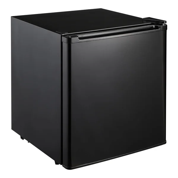 Pequeno refrigerador preto com porta fechada em um fundo branco — Fotografia de Stock