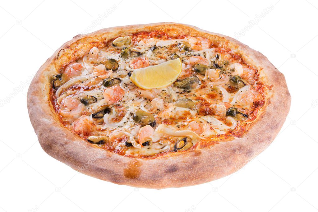 Italian pizza with seafood on a white background isolated