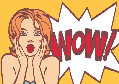 Pop art kadın yüzü açık ağız ile şaşırttı. Komik konuşma balonu. EPS 10.