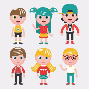 Çocuklar beyaz arka plan üzerinde kümesi. Farklı kıyafet tarzları. Mutlu çocuk infographics, vektör çizim eps 10