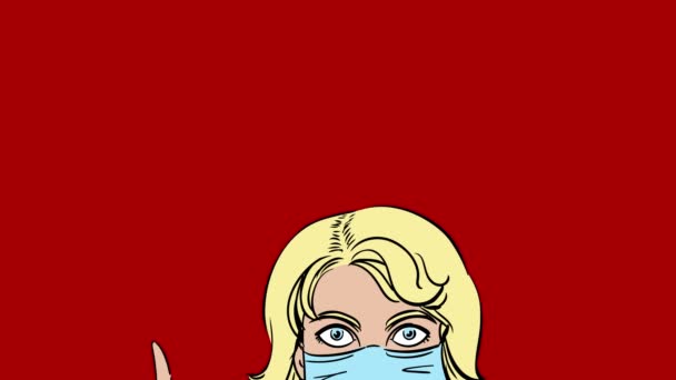 4k cartoon. Young woman in a medical mask raises a finger. Illustration for medicine, prevention coronavirus and other. — Stock Video