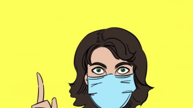 4K çizgi film. Tıbbi maskeli genç bir kadın parmağını kaldırdı. Tıp, önleme koronavirüsü ve diğer şeyler için resim.