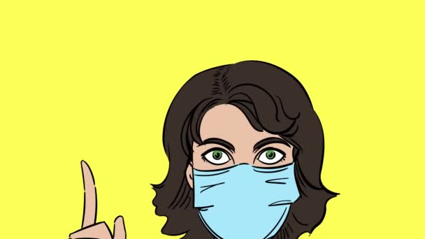 4k мультфильм. Молодая женщина в медицинской маске поднимает палец. Иллюстрация для медицины, профилактики коронавируса и других . — стоковое видео