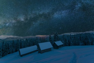 Çadırları olan turistlerin arka planında parlak Samanyolu ile uzay yıldızlı geceler.