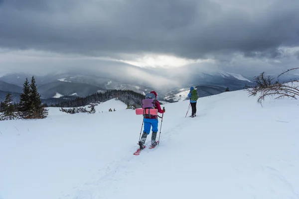 Donanımlı Turistler Kış Tepelerinde Seyahat Edin Etraftaki Dağların Güzelliğinin Tadını — Stok fotoğraf