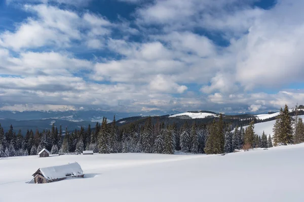 在喀尔巴阡山脉山谷上迷人的白雪覆盖的房子 冬季的山峰尽收眼底 — 图库照片