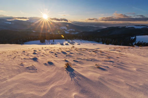 Encantadoras Casas Cubiertas Nieve Una Montaña Valle Montaña Los Cárpatos — Foto de Stock