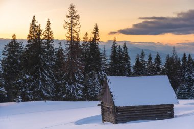 Karpatlar 'da bir dağ vadisinde karla kaplı büyüleyici evler, kışın muhteşem zirveler..