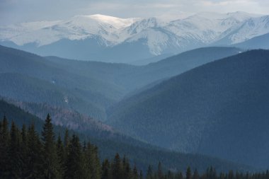 Dağ zirvelerinin arka planında karla kaplı çadırları olan turistler.