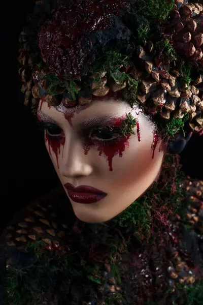 Woman Bloody Makeup Wearing Fantasy Clothes Crown — Stock Photo, Image