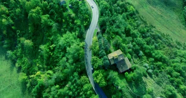 Dom w lesie przy drodze na które jazdy samochodów. Antenowe — Wideo stockowe