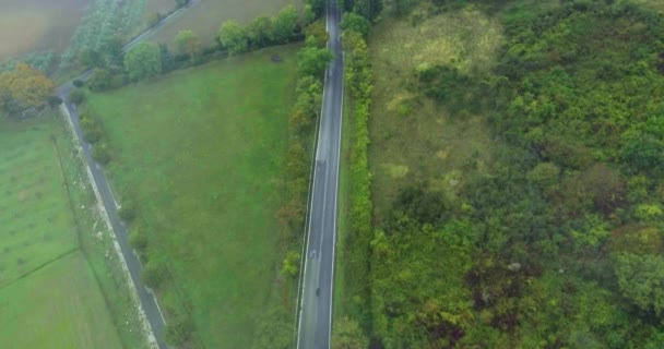 Paseos en coche blanco a lo largo de una carretera típica del país europeo, entre campos y bosques, tiro aéreo — Vídeos de Stock